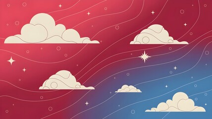Pastel illustration with swirling patterns and fluffy clouds