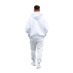 Fototapeta premium Person in white tracksuit walking with hood on in urban setting