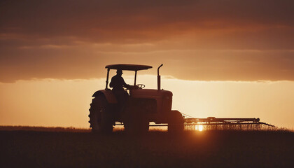 Fototapeta premium silhouette of farmer on tractor fixed with harrow plowing agriculture field soil during dusk