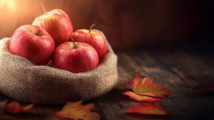 Rustic basket of apples with autumn leaves on wooden background, thanksgiving harvest, copy space for seasonal invitations or holiday design templates