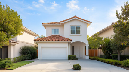 Fototapeta premium modern two story house with red tile roof, surrounded by lush greenery and well maintained lawn, exudes welcoming atmosphere.