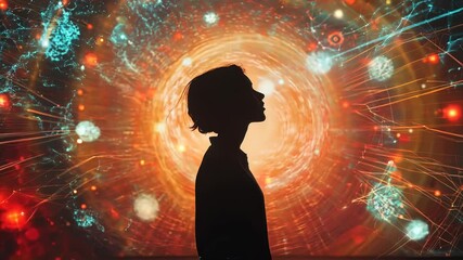 Silhouette against a backdrop of intricate digital graphics symbolizing connectivity Video