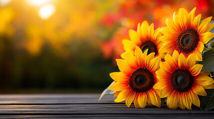 Sunflowers and autumn leaves on wooden surface, thanksgiving floral arrangement, copy space for seasonal invitations or holiday celebration design templates
