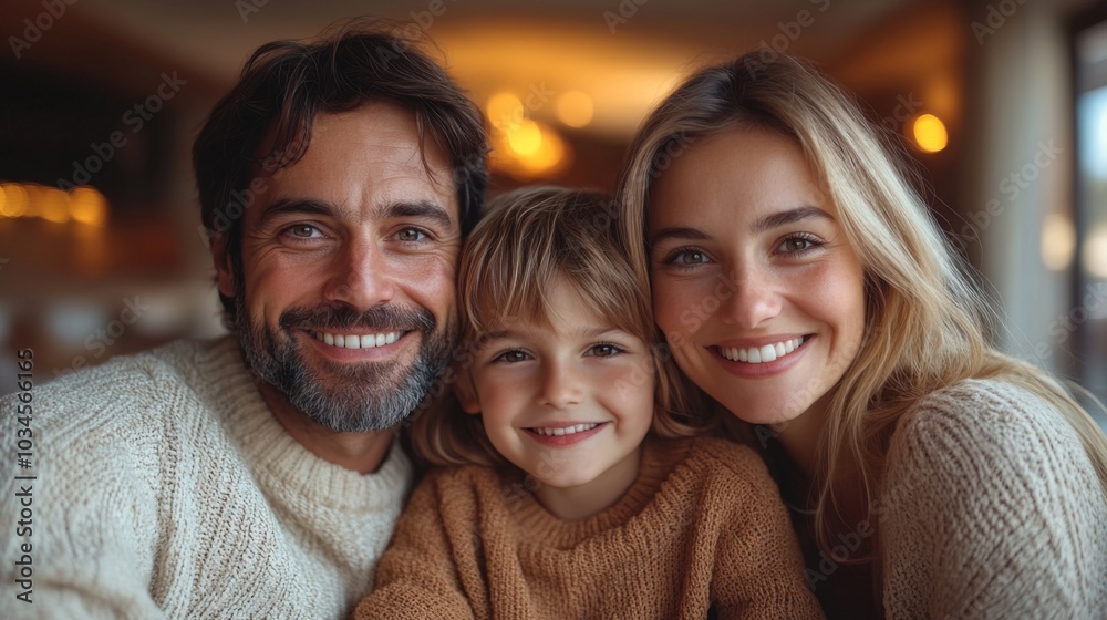 Wall mural a happy family poses closely indoors, illuminated by soft lighting. the parents, wearing cozy sweate