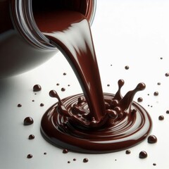 Sweet chocolate syrup flowing down, creating a glossy trail on white