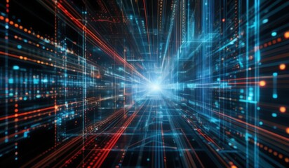 Fototapeta premium a close up of a blue and red light in a dark room explosion of data fragments