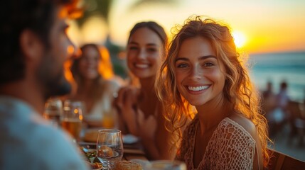 A joyful group gathers around a table, sharing food and drinks as the sun sets over the ocean, creating a warm and inviting atmosphere perfect for celebration.