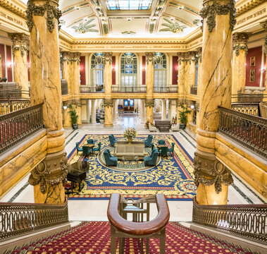 Richmond, VA - USA: The beautiful Beaux Arts lobby of the Jefferson Hotel as viewed from the top of the Grand Staircase.