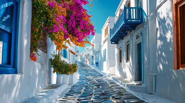 Picturesque narrow blue and white cobble street and traditional Greek houses in Mykonos Island Greece : Generative AI Video
