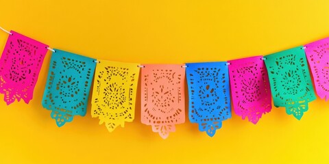 Brightly colored papel picado flags are displayed against a lively wall showcasing detailed patterns that add a festive touch and invite creativity for custom text placement