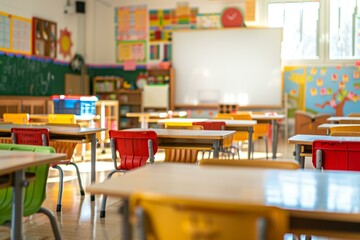 Colorful empty classroom with desks and chairs, bright learning environment with educational posters and sunlight