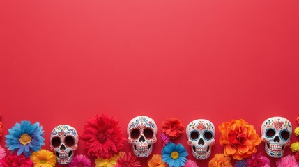 Obraz premium A minimalistic arrangement of colorful Día de los Muertos sugar skulls paired with vibrant flowers set against a solid red background creating a visually striking and festive composition
