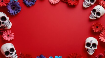 Sugar skulls and vibrant flowers are arranged in a minimalistic pattern on a bold red backdrop creating a striking visual suitable for Day of the Dead celebrations and artistic projects