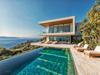 Fototapeta premium Luxurious Seaside Villa Perched On Cliffside, Luxury Swimming Pool In A Resort, Infinity Pool, Luxury Summer Getaway, Luxury Infinity Pool Overlooking Ocean