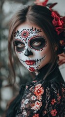 The woman showcases intricate sugar skull face painting adorned with floral designs exuding a captivating aura during a festive celebration honoring the Day of the Dead