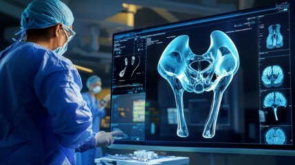 A medical professional in scrubs and a surgical mask examines hip X-ray images on a large display