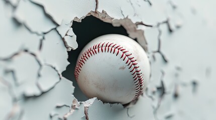 A baseball breaks through a cracked wall. The image can be used to represent strength, determination, or overcoming obstacles.