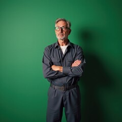 Elderly man with a serious expression and glasses on a green background.