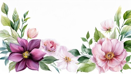 Fototapeta premium Card flowers on an isolated white background. Watercolor painting, greeting card, wedding invitation banner. 
