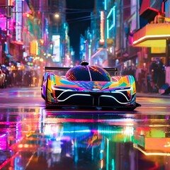 Vibrant Racing Car in Neon Cityscape