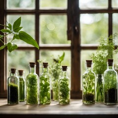 Herbal Bottles with Fresh Green Plants on Wooden Table