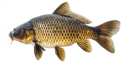 Fototapeta premium close up of a Carp reveals its distinctive features including scales and fins while set against a clean white backdrop. This highlights the fishs natural beauty.
