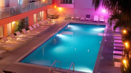 Obraz premium Inviting swimming pool area illuminated with colorful lights at a hotel during evening hours