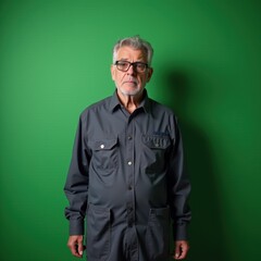 Fototapeta premium Wise-looking elderly man standing against a green wall.