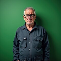 Obraz premium Older gentleman with gray hair posing against a green wall.