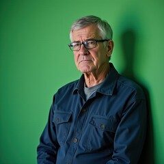 Fototapeta premium Elderly man with a serious expression, standing against a solid color background.