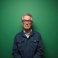 Fototapeta premium Confident mature man in casual attire against a green background.