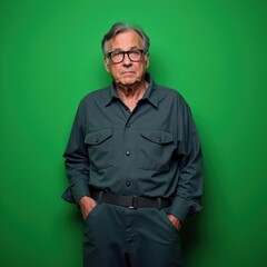Fototapeta premium Older male with gray hair, posing in front of a green backdrop.
