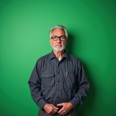 Senior man with glasses posing against a green background.