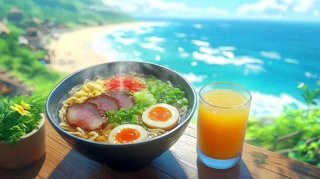 Steaming ramen with meat and egg, orange juice beside, set on a wooden table by the beach.