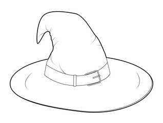 Wizard Hat Magic Head Fashion accessory cap with wide brim clothing technical illustration. Vector headgear for Men, women, unisex style, flat template CAD mockup sketch outline isolated