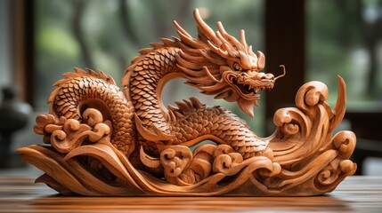 Obraz premium Bespoke Wooden Dragon Sculpture as Striking Office Decor