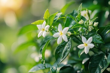 Fototapeta premium White flowers bloom on green leaves. Perfect for illustrating beauty, growth, and natural purity.