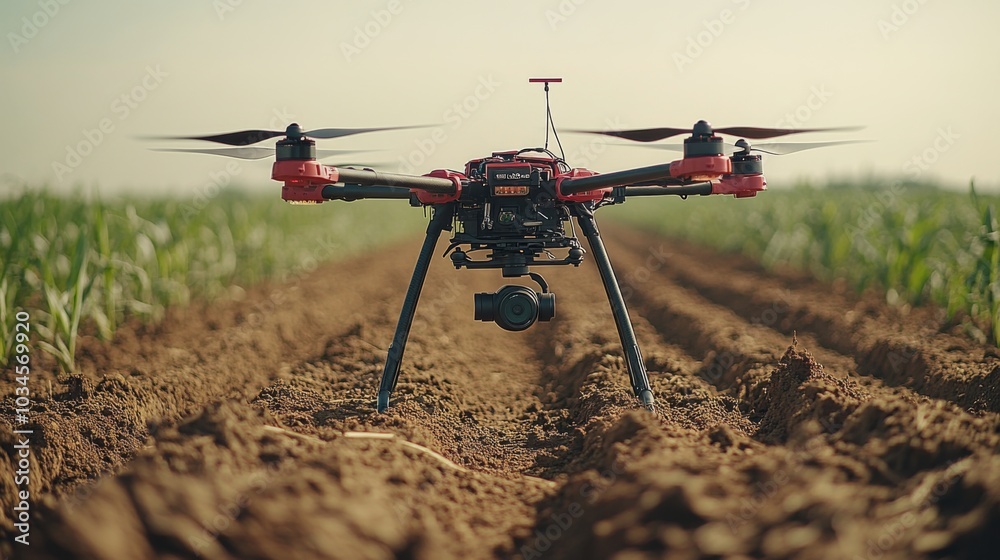 Poster a drone is positioned above freshly tilled soil in a crop field, equipped with a camera, ready to mo