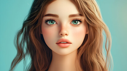 Fototapeta premium 3D cartoon illustration of a young woman with natural makeup and long hair 