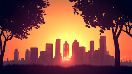 Fototapeta premium 3D cartoon illustration of a silhouetted cityscape against a sunset sky with trees 