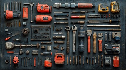 A flat lay of various tools on a dark surface, including wrenches, screwdrivers, hammers, pliers, and other hand tools.
