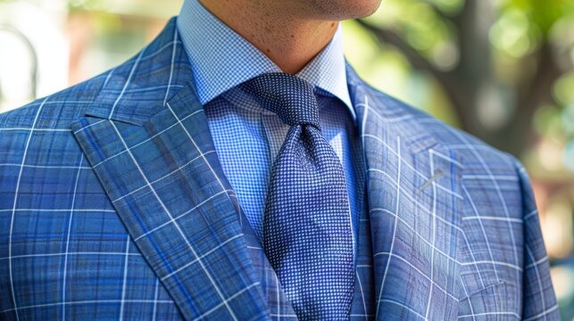 A classic mens suit with a subtle twist featuring a plaid pattern in shades of blue and grey paired with a pinstriped dress shirt and a houndstooth tie.