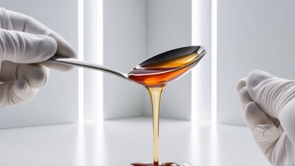 Spoon being filled with liquid cough syrup by a person in latex gloves on a white backdrop