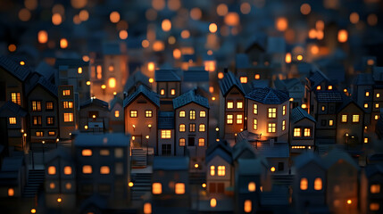 3D cartoon illustration of a miniature cityscape of houses lit at night   
