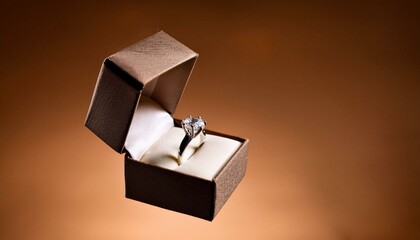 Diamond ring in jewelry gift box floated on brown background