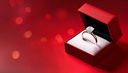 Diamond ring in jewelry gift box floated on red background