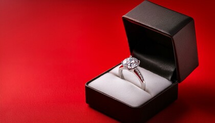 Diamond ring in jewelry gift box floated on red background