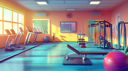 3D cartoon illustration of a modern empty fitness studio with equipment   