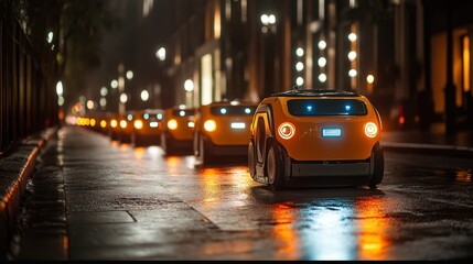 Fototapeta premium Fleet of Autonomous Delivery Robots Operating in a Futuristic Urban Cityscape