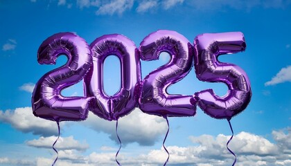 A shiny purple foil number 2025 balloon floats in a neutral space, black background.	
